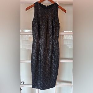 Carmen Marc Valvo Elegant Black Leather Sequins Midi Dress Size 4